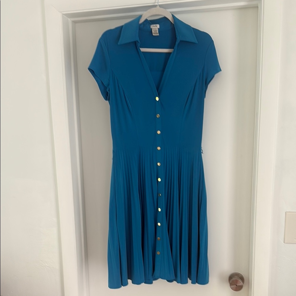 EUC Cache Blue Pleated A-Line Midi Dress Gold Button Detail Sz 10